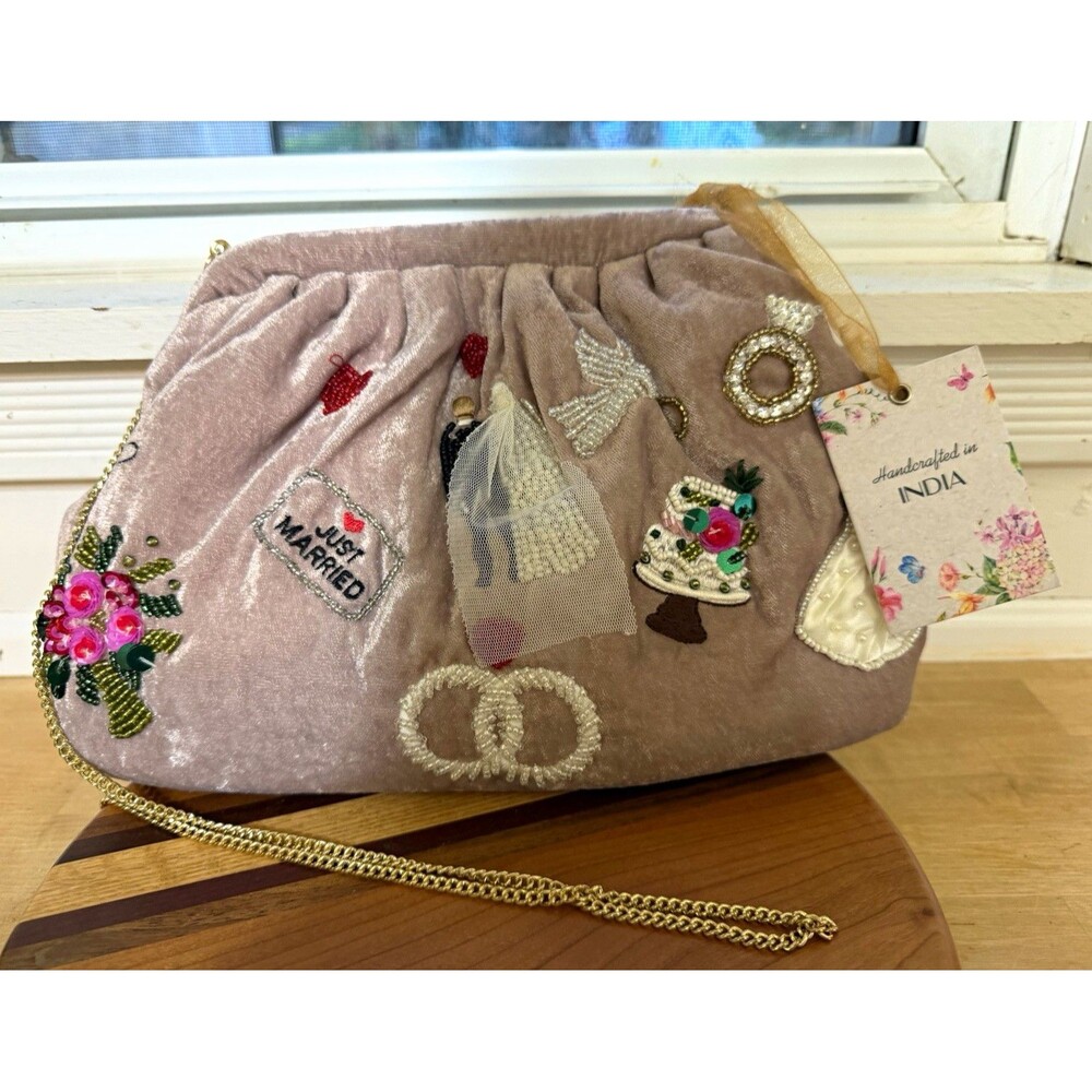 NWT Beaded Wedding Bridal Velvet Purse Just Married Chain Handcrafted India